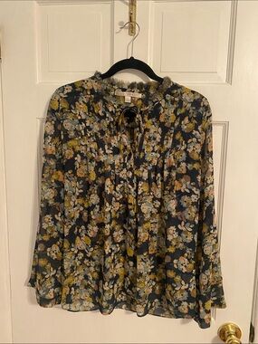 LC Lauren Conrad Navy Floral Tie-Neck Ruffle Blouse